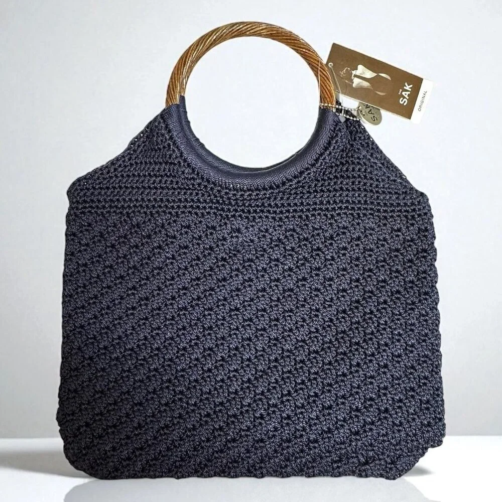 NWT Vintage The Sak Ashbury Heights Navy Blue Crochet Top Handle Bag Handbag
